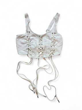 White Denim Corset Top With Lace Up Front & Adjustable Straps